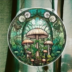 Magic Mushroom Forest 2 Sided Acrylic Suncatcher With Metal Chain 5.9x5.9"